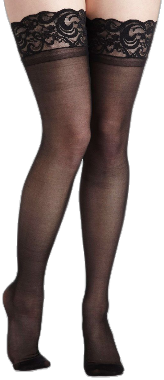 Pair of legs wearing black sheer thigh-high stockings with lace trim