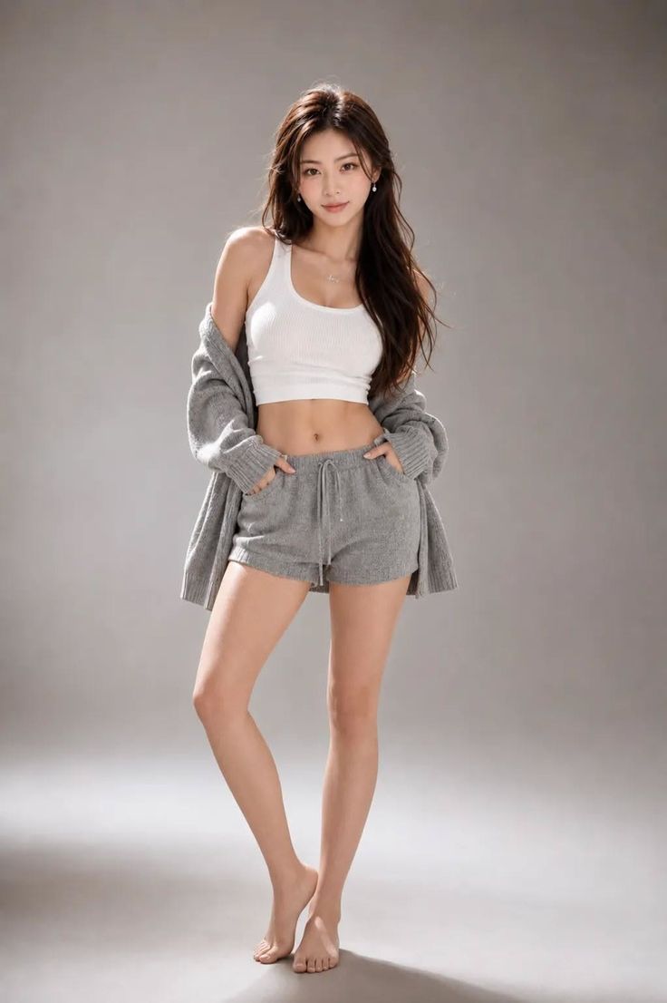 Woman in a white crop top and gray shorts with a cardigan in a studio