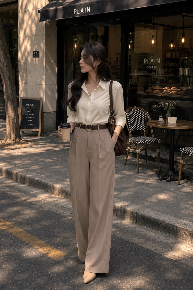 Woman in a button-up shirt and wide-leg pants holding a coffee cup on a street