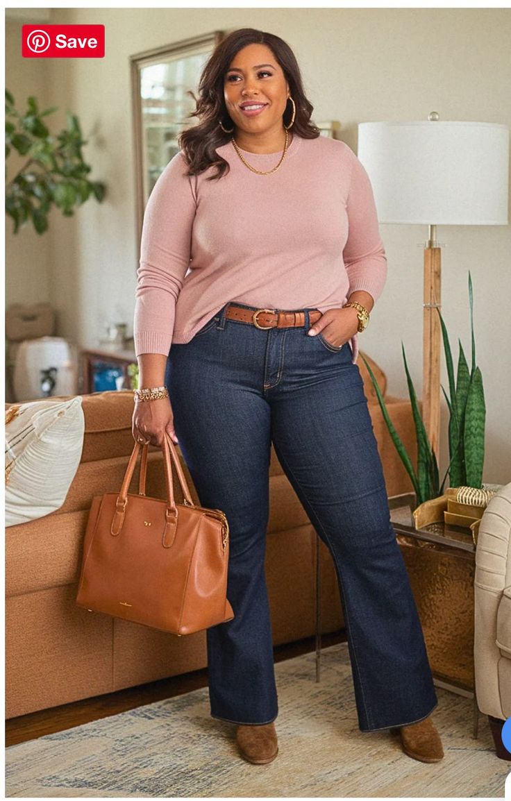 Woman in a pink sweater and flared jeans holding a brown handbag indoors