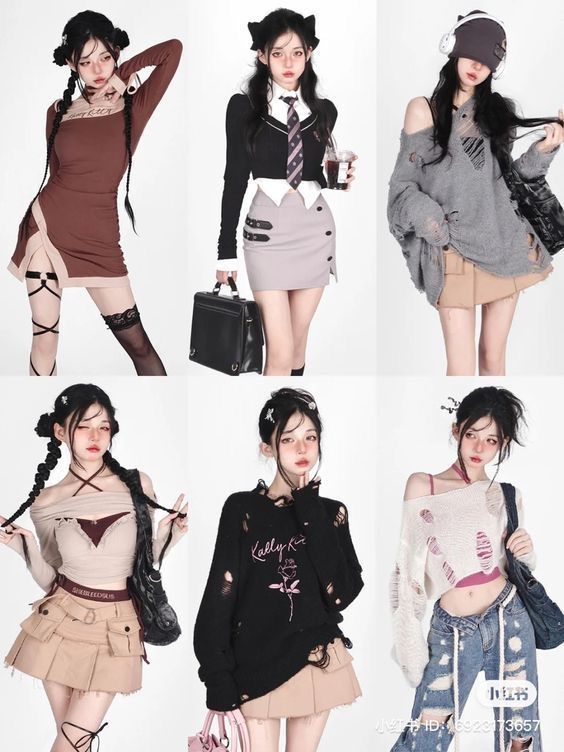 Six different outfits featuring ripped clothing and mini skirts on models