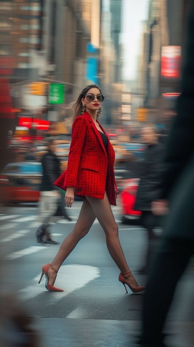 Woman in a red blazer and high heels walking on a busy city street