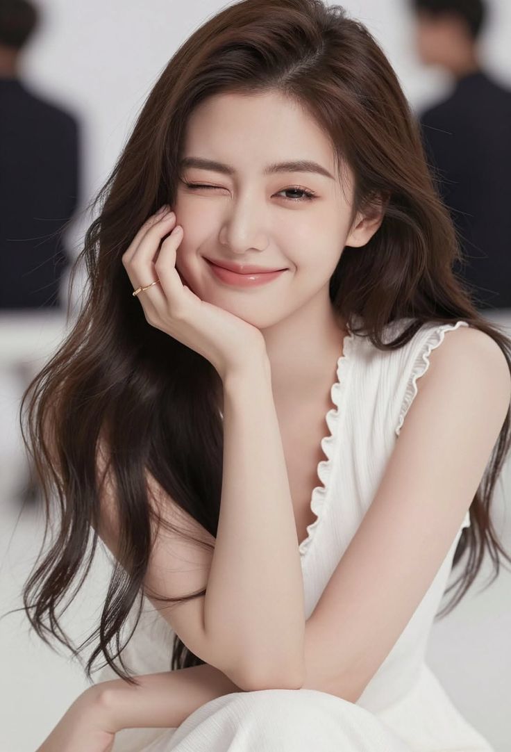 Woman with long hair winking and smiling, wearing a white dress