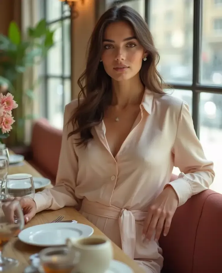 Woman with long hair in a light pink jumpsuit sitting at a restaurant table