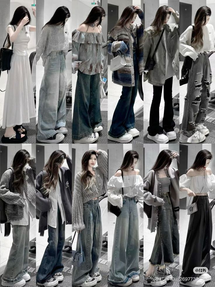 Multiple women showcasing various casual outfits with wide leg pants and platform shoes