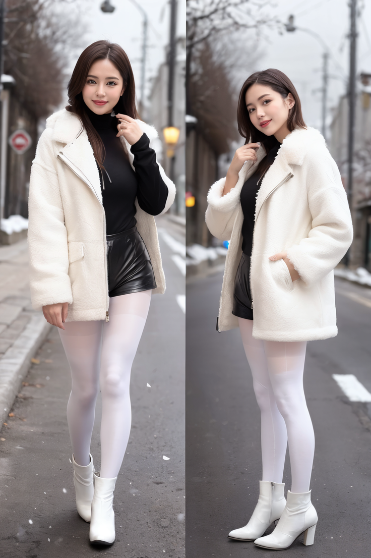 Woman in a white coat, black turtleneck, leather shorts, and white tights on a snowy street
