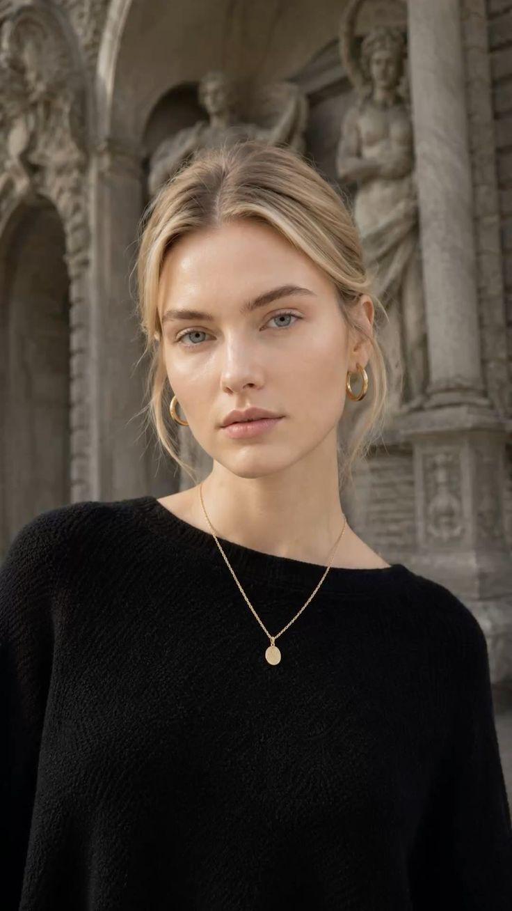 Woman with blonde hair and gold jewelry wearing a black sweater outdoors