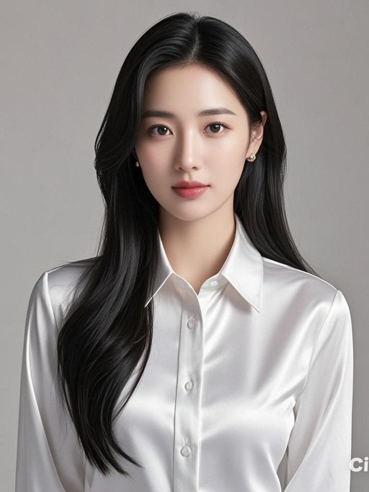 Woman with long black hair wearing a white satin shirt in a studio setting