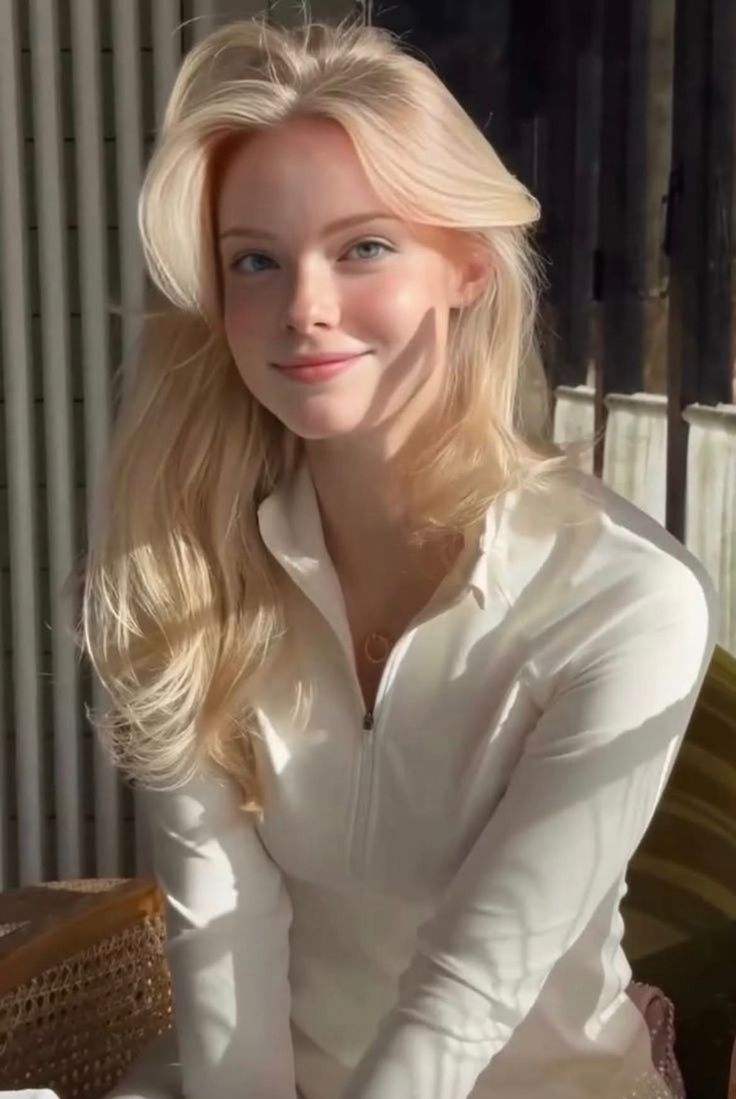 Blonde woman in a white shirt with soft lighting indoors