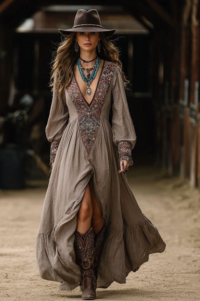 Woman in a boho dress, cowboy hat, and boots walking in a barn