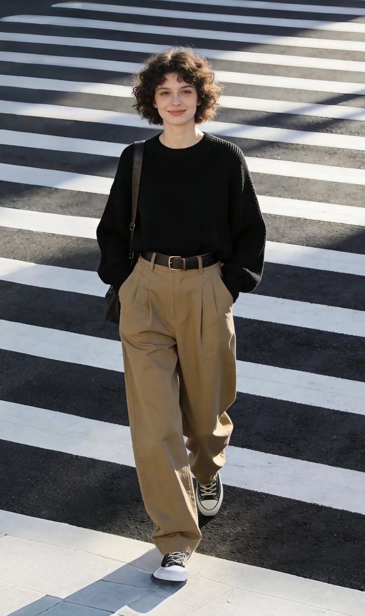 Woman with curly hair in a black sweater and khaki pants on a crosswalk