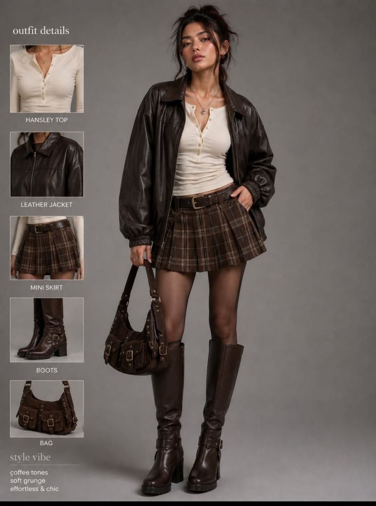 Woman in a brown leather jacket, plaid mini skirt, and knee-high boots