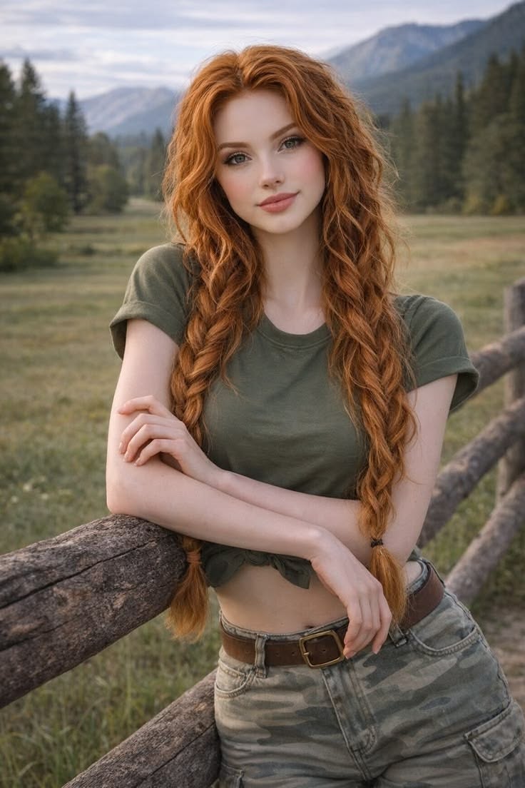 Woman with long red braids leaning on a wooden fence in a mountain landscape
