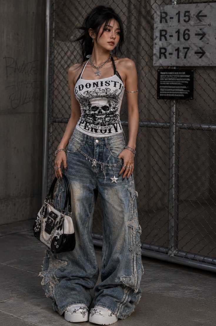 Woman in a halter top and baggy jeans with a chain belt and handbag