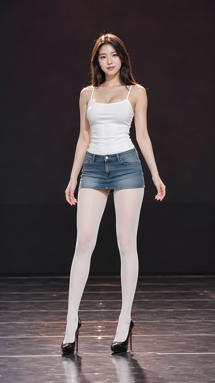 Woman in a white tank top, denim mini skirt, and white tights posing in a studio