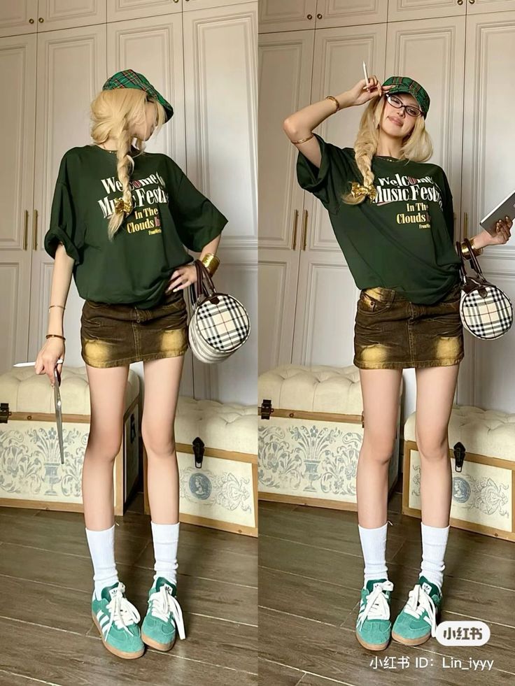 Woman with blonde hair in a plaid hat, green t-shirt, and mini skirt indoors
