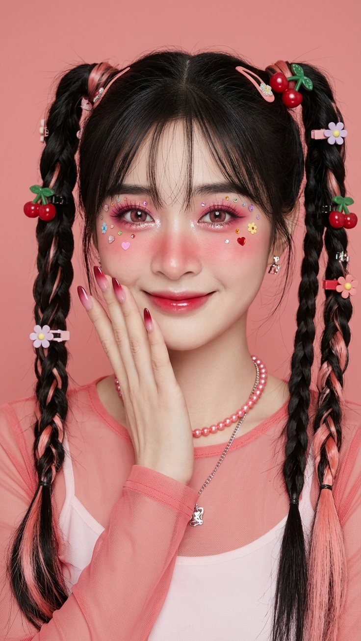Woman with braided pink and black hair, cherry clips, and pink makeup