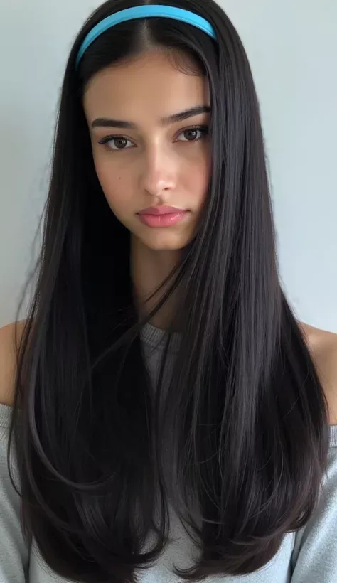Woman with long black hair and a blue headband wearing an off-shoulder top