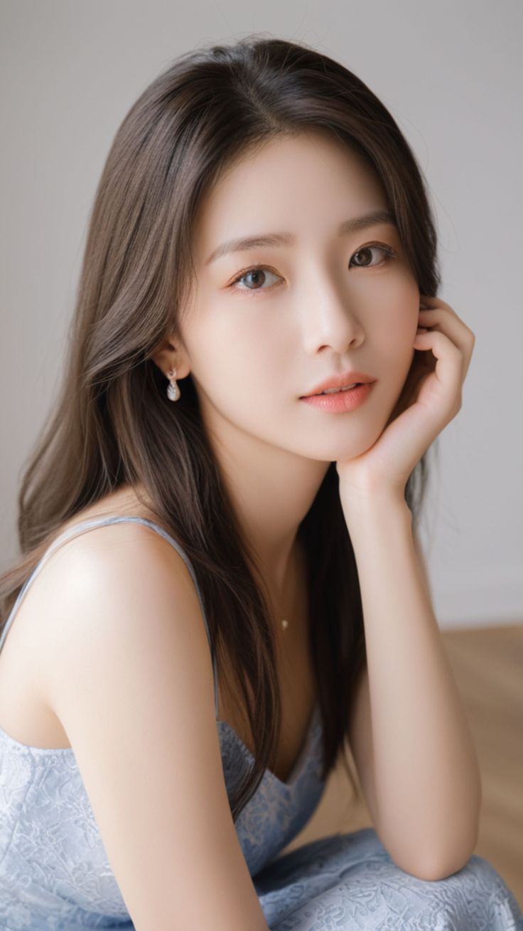 Woman with long brown hair wearing a light blue dress and pearl earrings