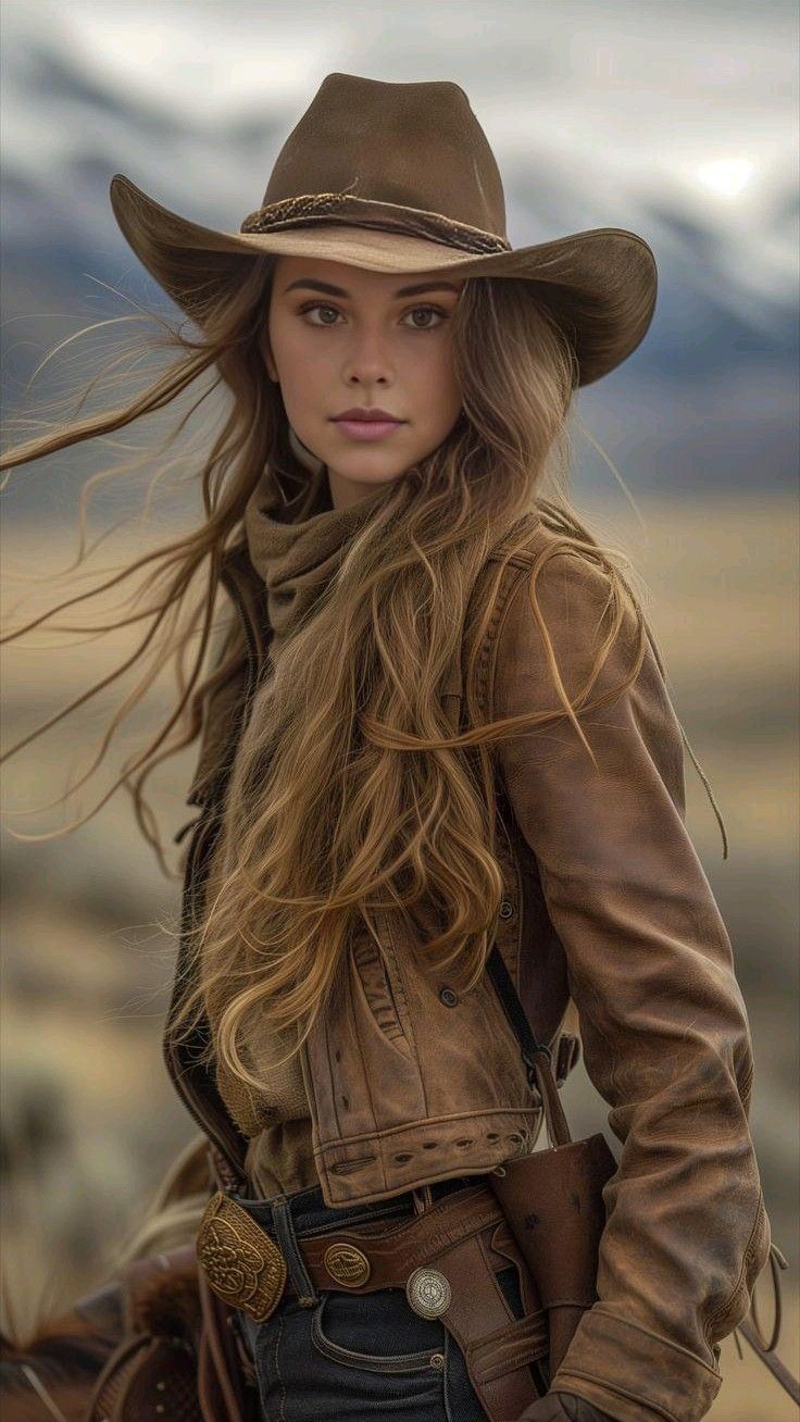 Woman in a cowboy hat and leather jacket with long flowing hair outdoors