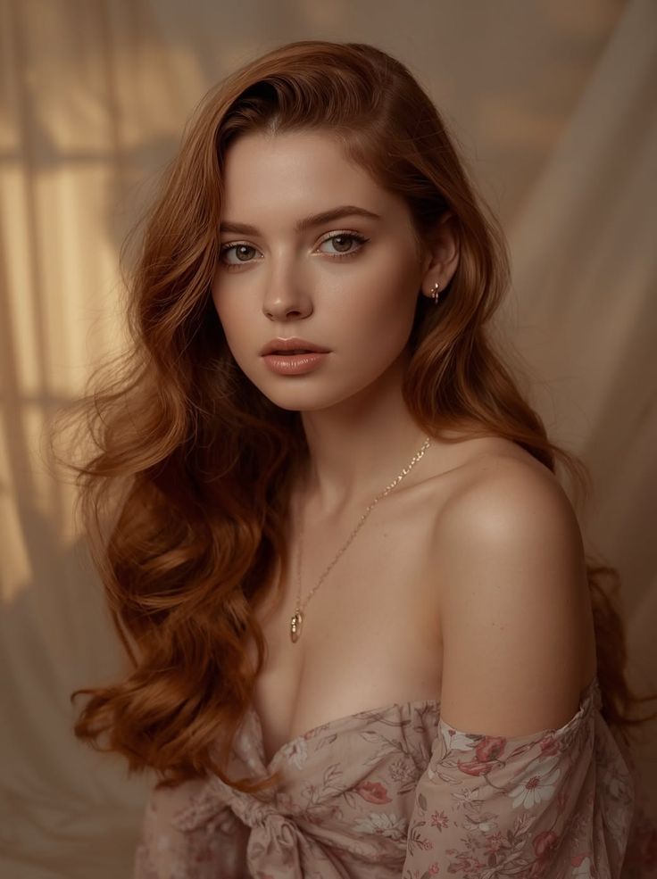 Woman with long red wavy hair wearing an off-shoulder floral top