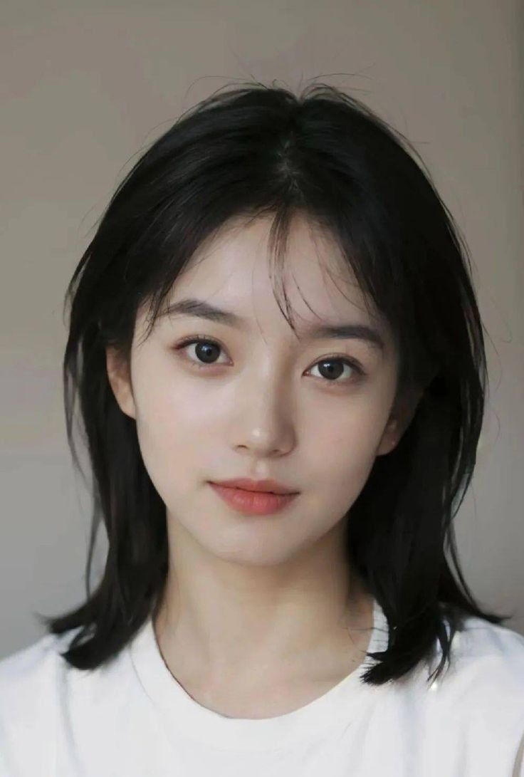 Young woman with short black hair wearing a white t-shirt, looking at the camera
