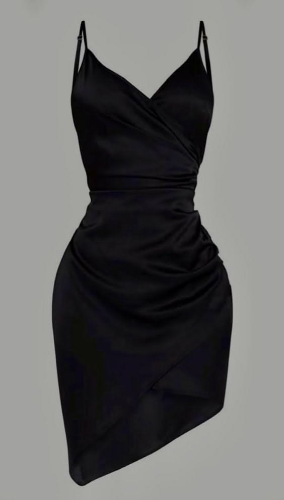 Black satin dress with spaghetti straps and ruched detail