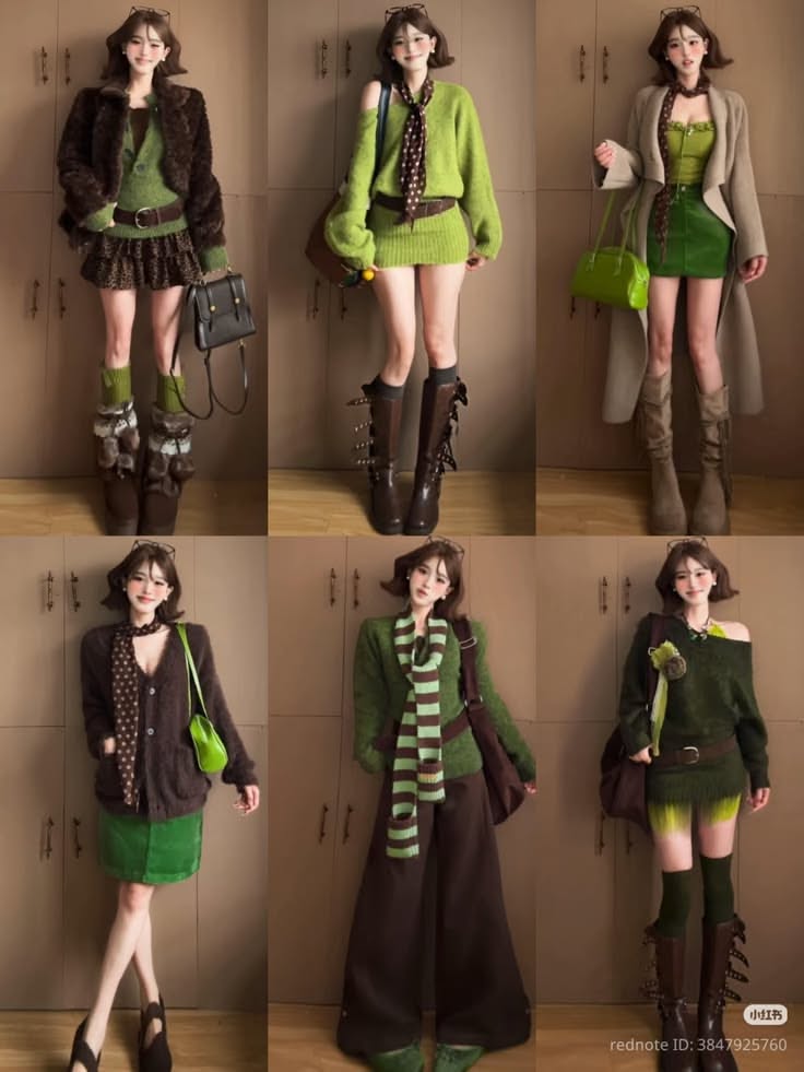 Six women in different green and brown outfits standing against a brown wall