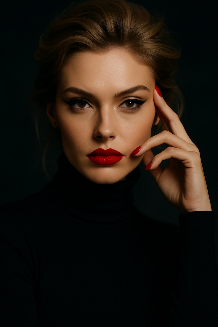 Woman with red lipstick and black turtleneck against a dark background