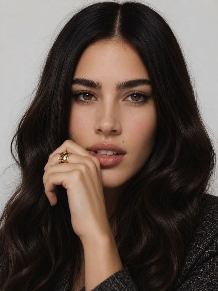 Woman with long dark wavy hair and a gold ring on her finger