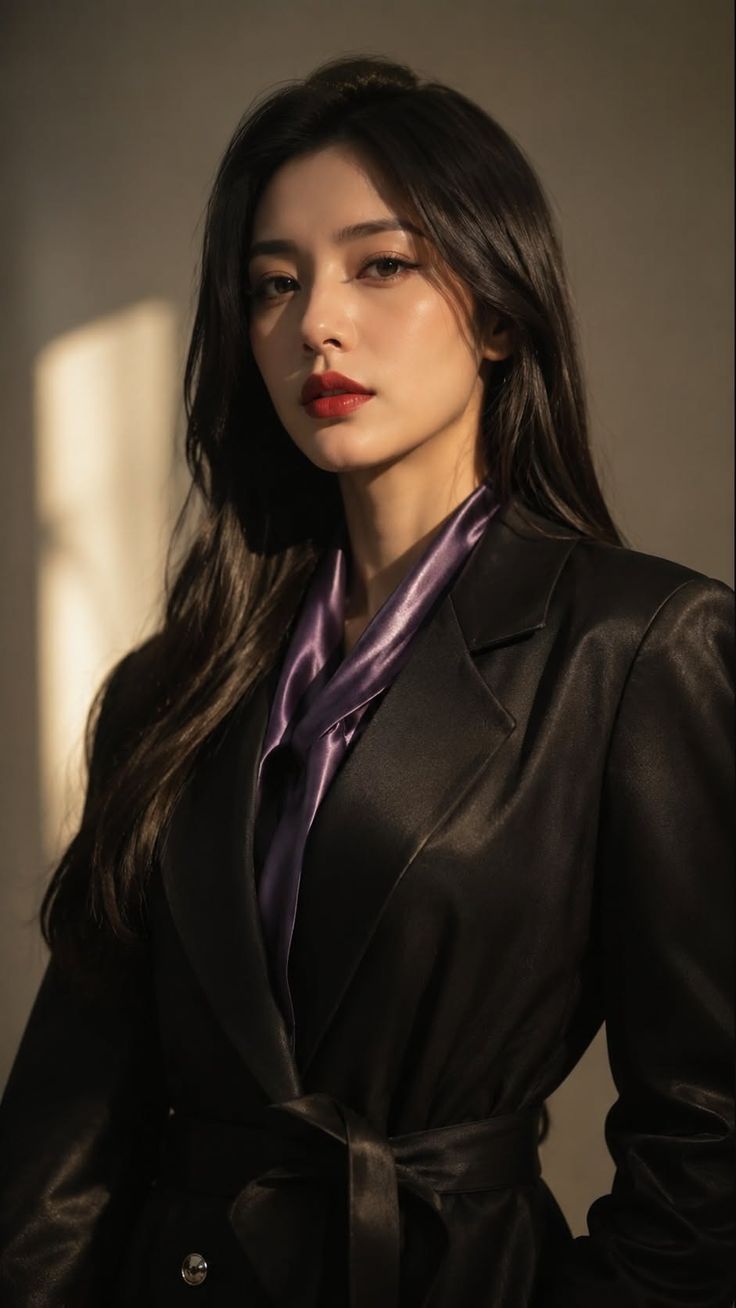 Woman with long dark hair wearing a black blazer and purple blouse indoors