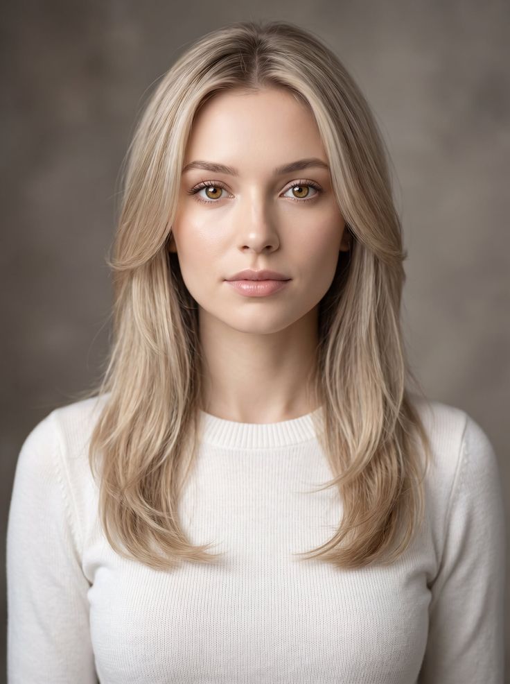 Woman with long blonde hair and brown eyes wearing a white sweater