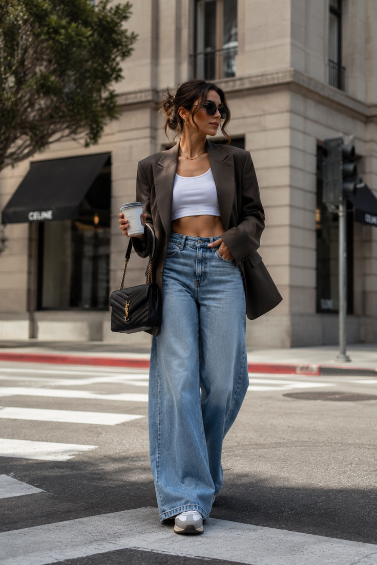 Woman in a blazer, crop top, and wide leg jeans walking on a street