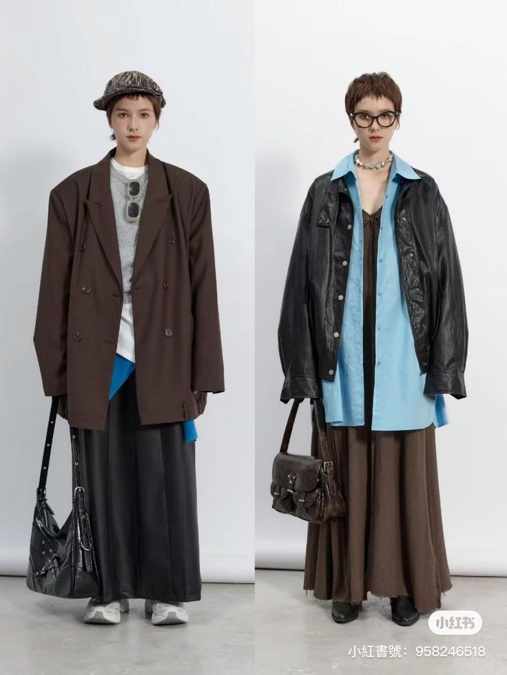 Two women in different oversized outfits and accessories standing in a studio