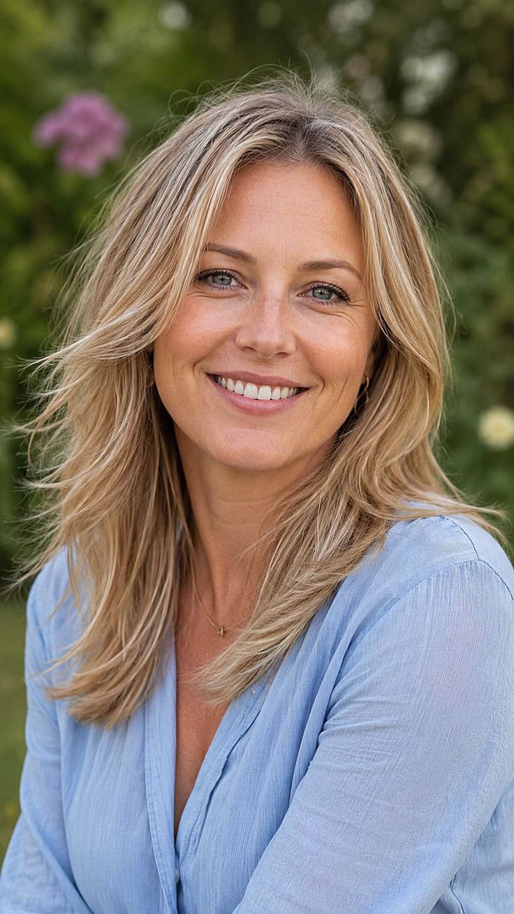 Smiling woman with blonde hair and blue eyes in a blue shirt outdoors