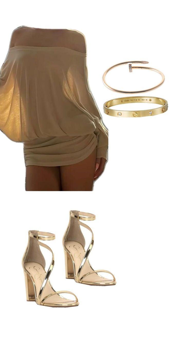 Woman in a beige off-shoulder mini dress with gold bracelets and high heels