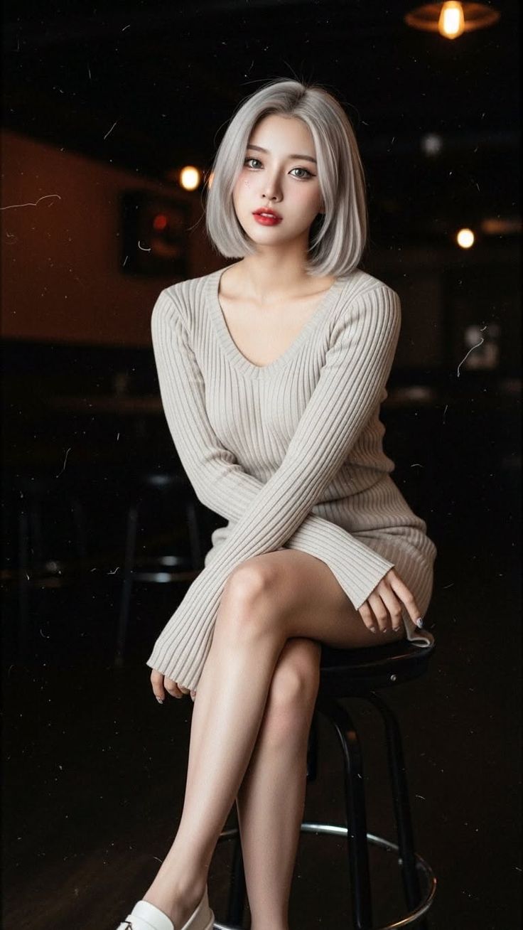 Woman with silver short hair wearing a ribbed dress, sitting indoors