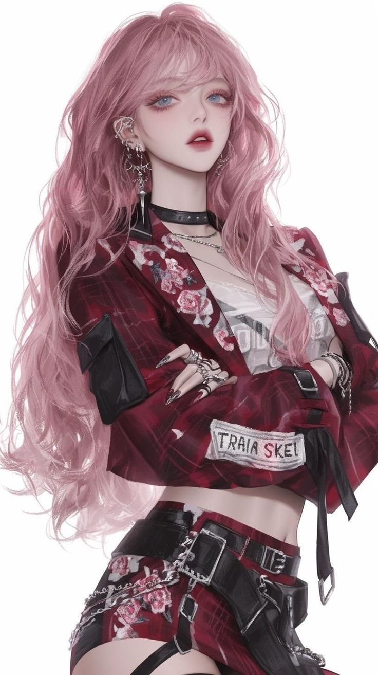 Anime style girl with long pink hair and gothic fashion