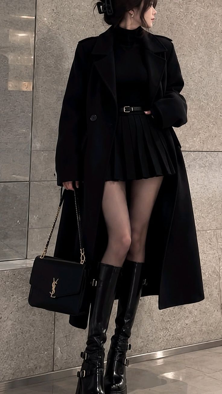 Woman in a black coat, pleated skirt, and knee-high boots holding a handbag