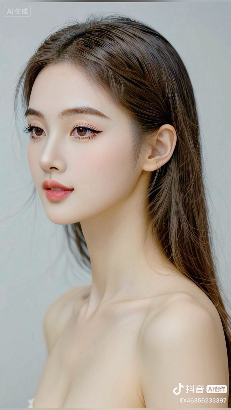 Realistic portrait of a woman with long brown hair and exposed shoulders