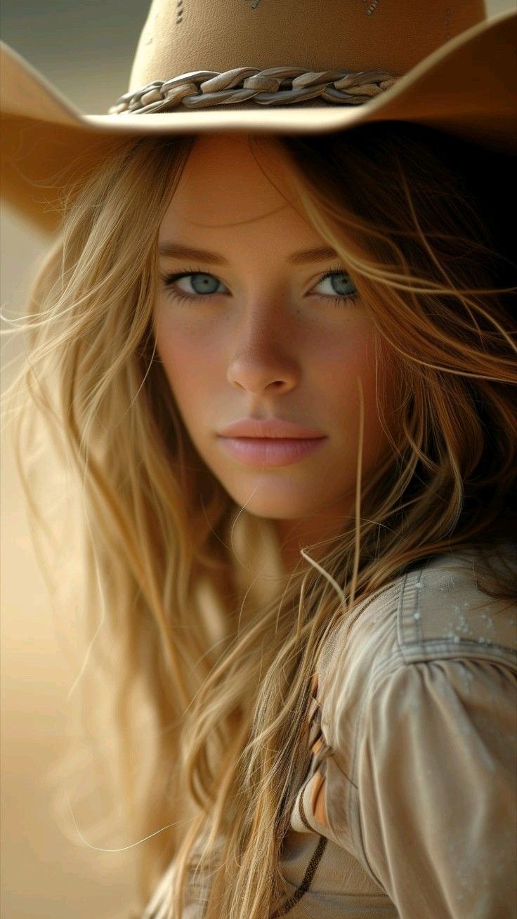 Woman with blonde hair and blue eyes wearing a cowboy hat