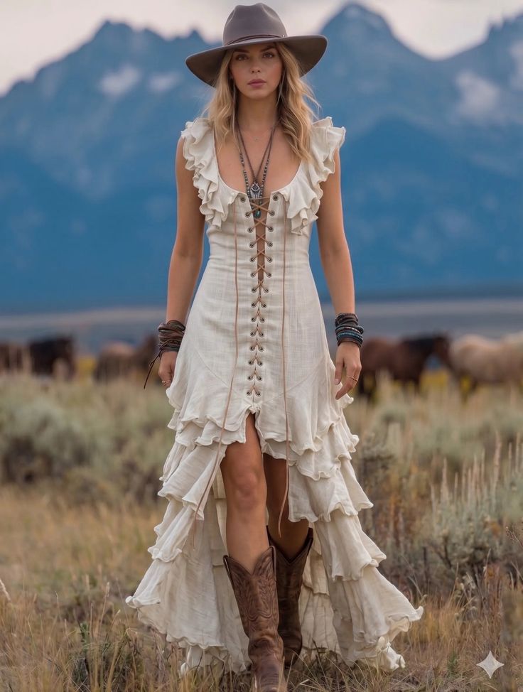 Woman in a cowboy hat and ruffled dress with cowboy boots in a field