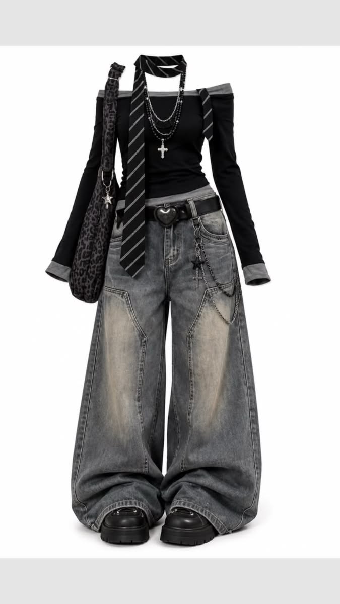 Gothic style outfit with wide leg jeans and an off shoulder top