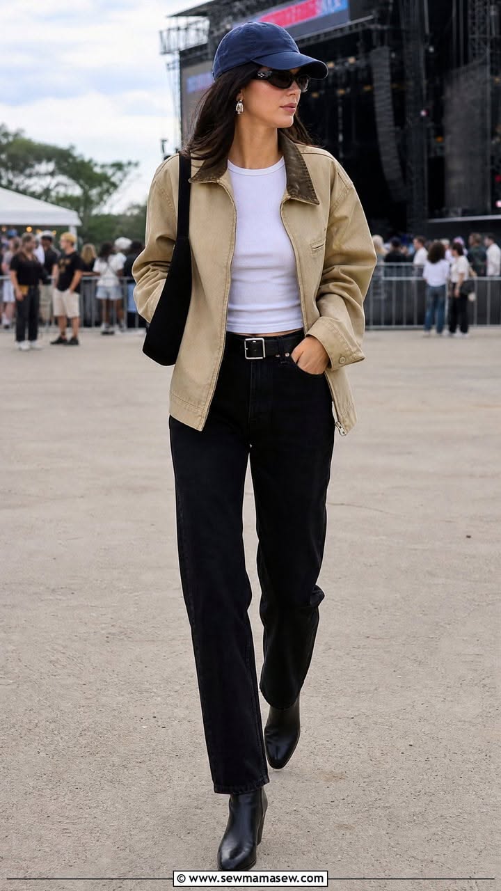 Woman in a baseball cap, sunglasses, and beige jacket walking outdoors
