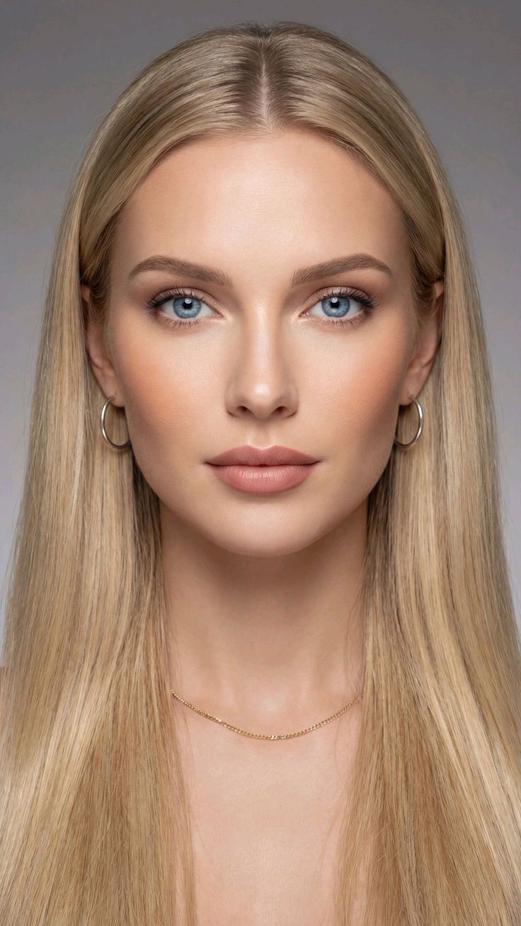 Woman with long blonde hair and blue eyes wearing hoop earrings and a gold necklace