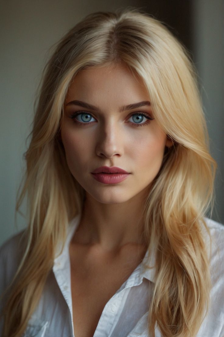 Blonde woman with blue eyes wearing a white shirt, looking directly at the viewer