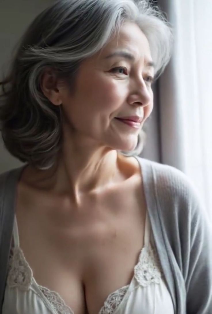 Woman with gray hair wearing a white bra and cardigan, looking out a window