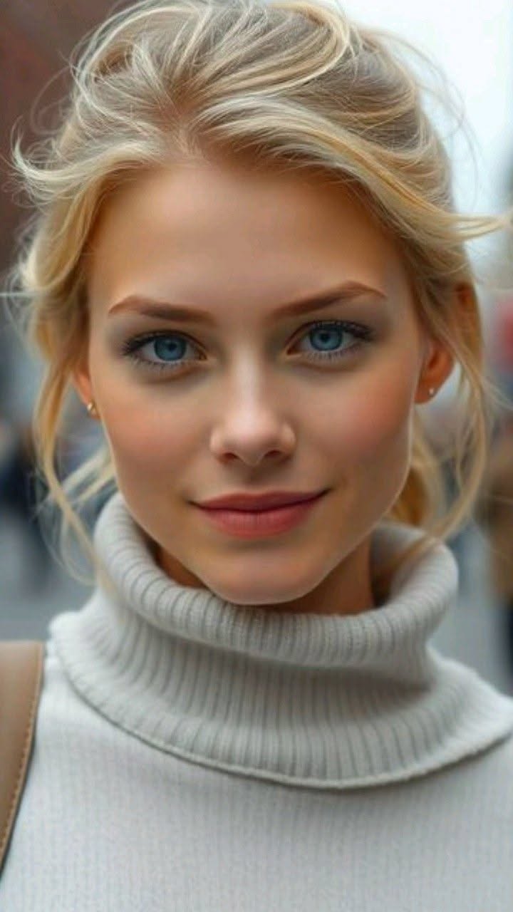 Blonde woman with blue eyes wearing a light-colored turtleneck sweater