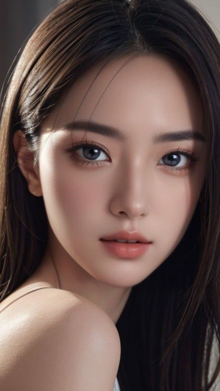 Close up portrait of a woman with long dark hair and exposed shoulder