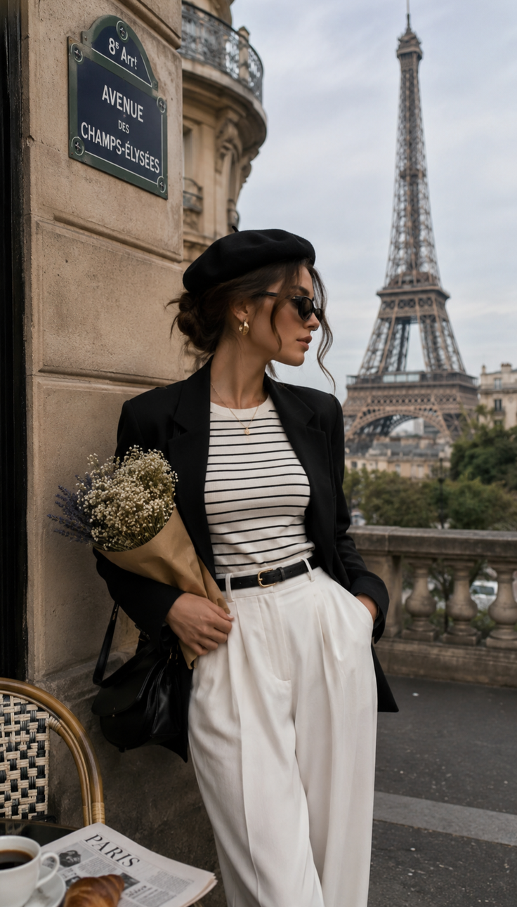 Woman in a beret and sunglasses holding a bouquet on a street in Paris with the Eiffel Tower in the background